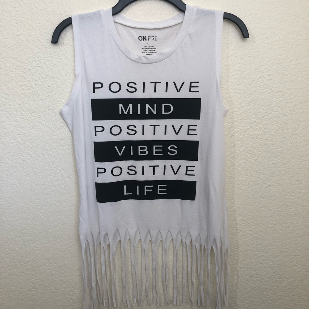 On Fire Fringe Hem “Positive" Tank Top Juniors Large NWOT - Picture 6 of 12